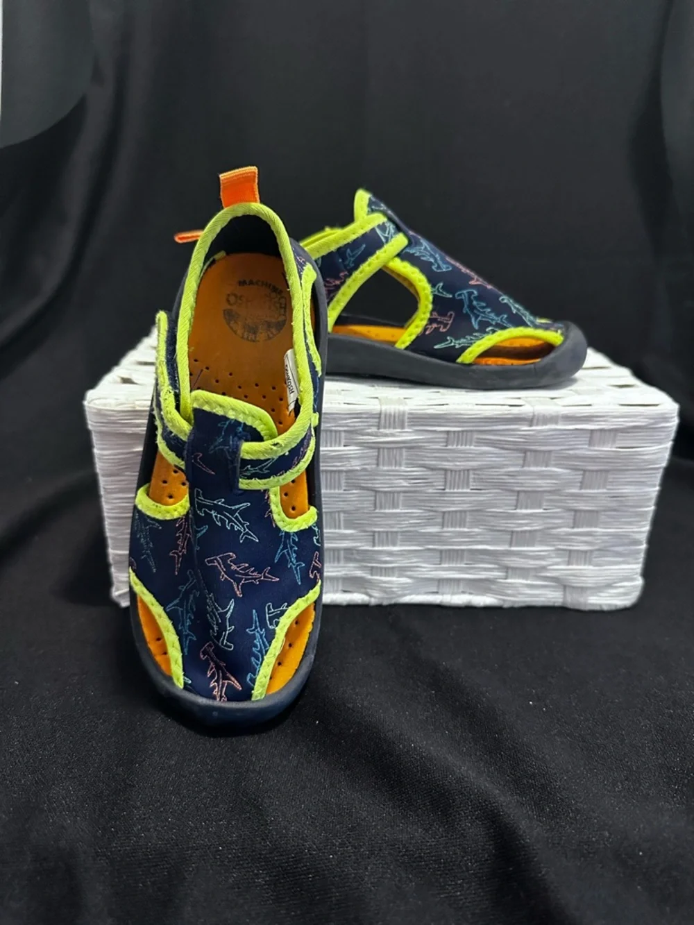 OshKosh B'gosh Navy Shark Print Water Sandals with Neon Yellow Trim Boys Sz. 11
